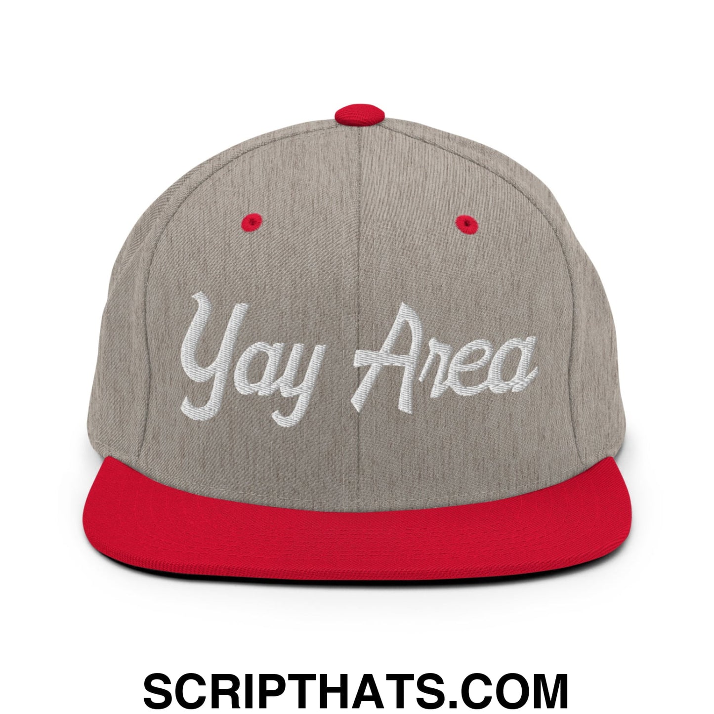 Yay Area Vintage Sports Script Embroidered Flat Bill Brim Snapback Hat Heather Grey Red