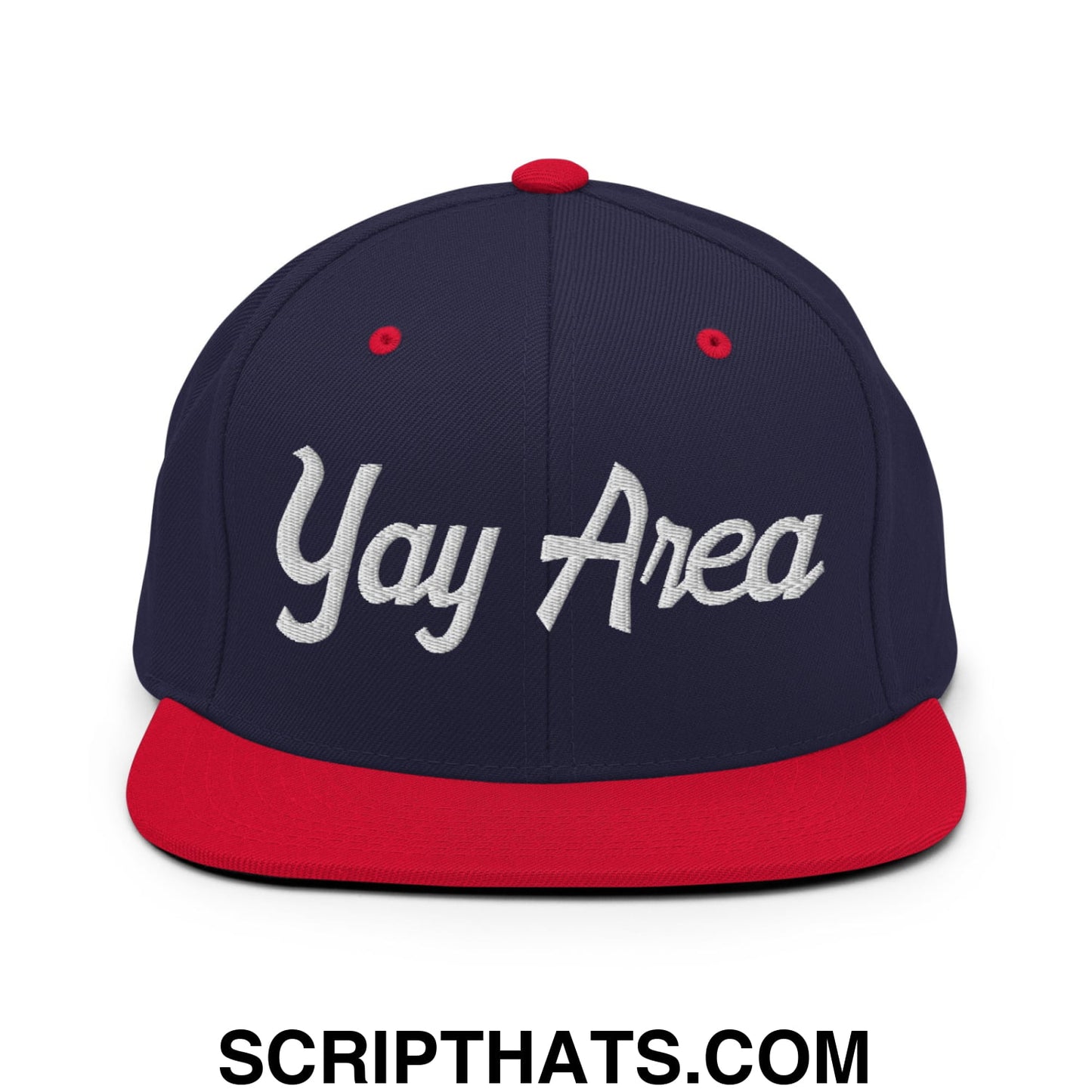 Yay Area Vintage Sports Script Embroidered Flat Bill Brim Snapback Hat Navy Red