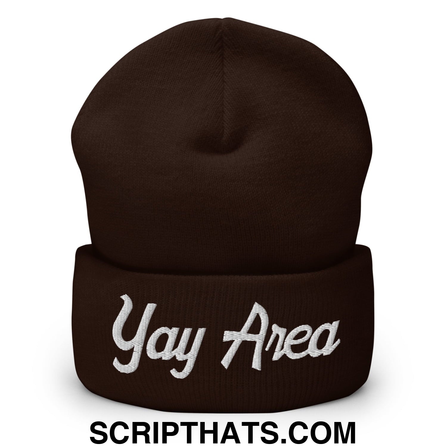 Yay Area Vintage Sports Script Embroidered Knit Cuffed Beanie Brown