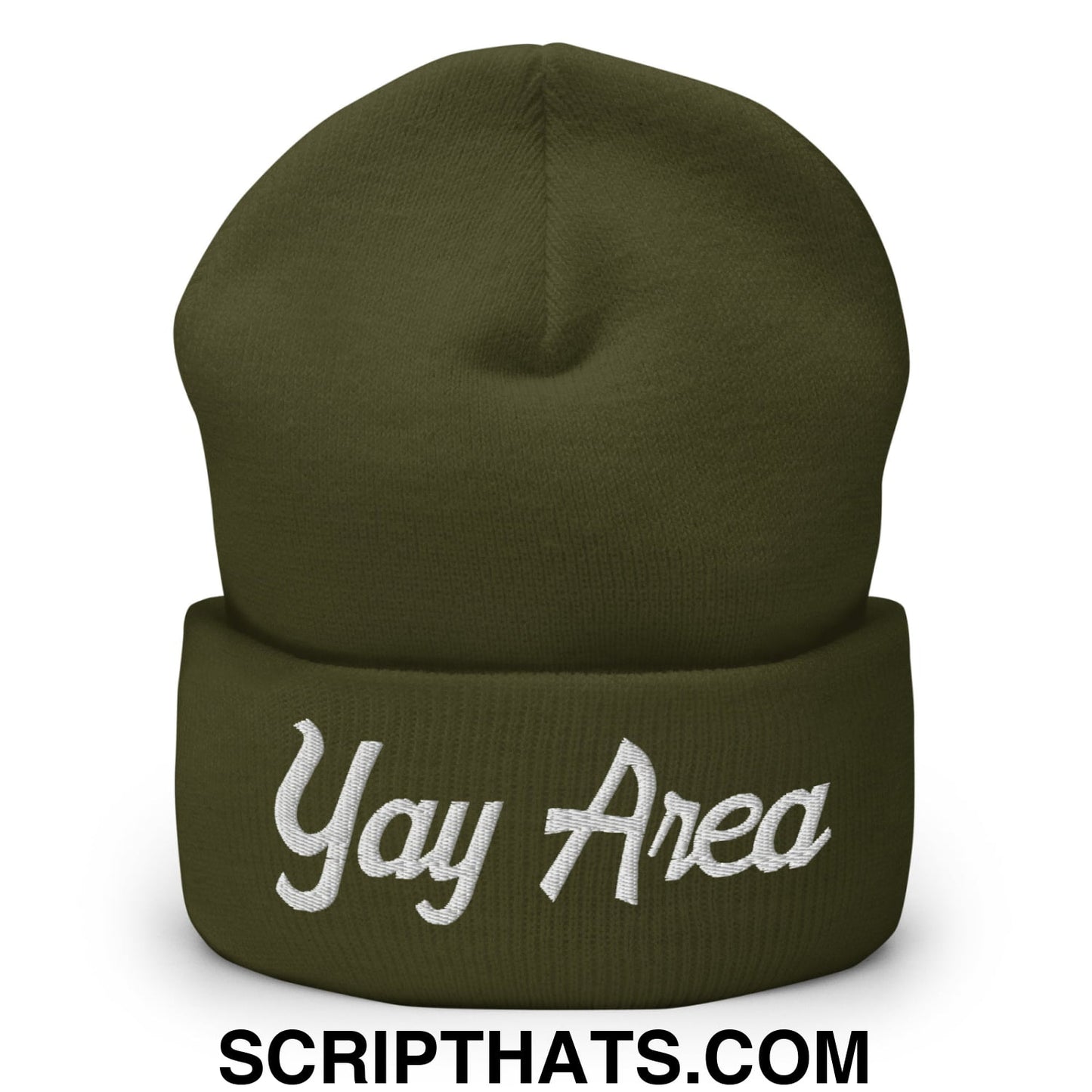 Yay Area Vintage Sports Script Embroidered Knit Cuffed Beanie Olive