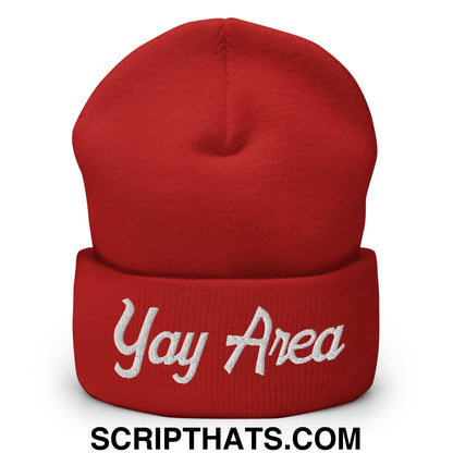 Yay Area Vintage Sports Script Embroidered Knit Cuffed Beanie Red