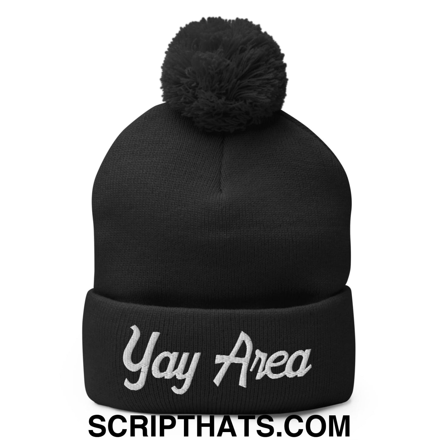 Yay Area Vintage Sports Script Embroidered Knit Pom Pom Beanie Black