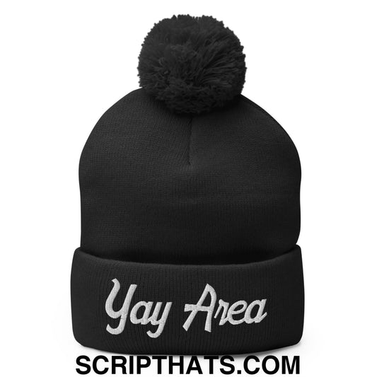 Yay Area Vintage Sports Script Embroidered Knit Pom Pom Beanie Black