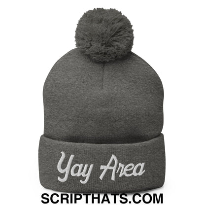 Yay Area Vintage Sports Script Embroidered Knit Pom Pom Beanie Dark Heather Grey