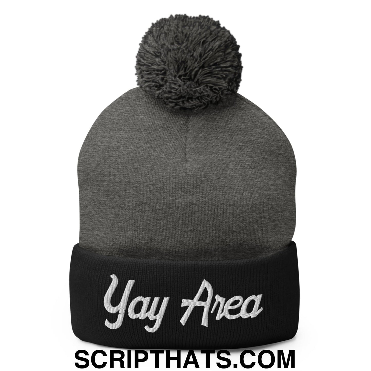 Yay Area Vintage Sports Script Embroidered Knit Pom Pom Beanie Dark Heather Grey Black