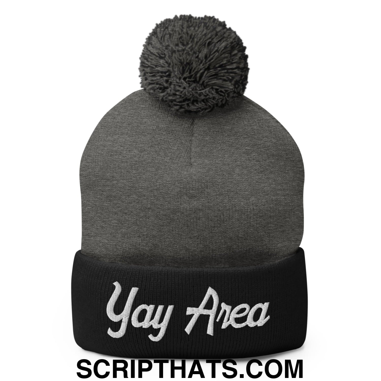 Yay Area Vintage Sports Script Embroidered Knit Pom Pom Beanie Dark Heather Grey Black