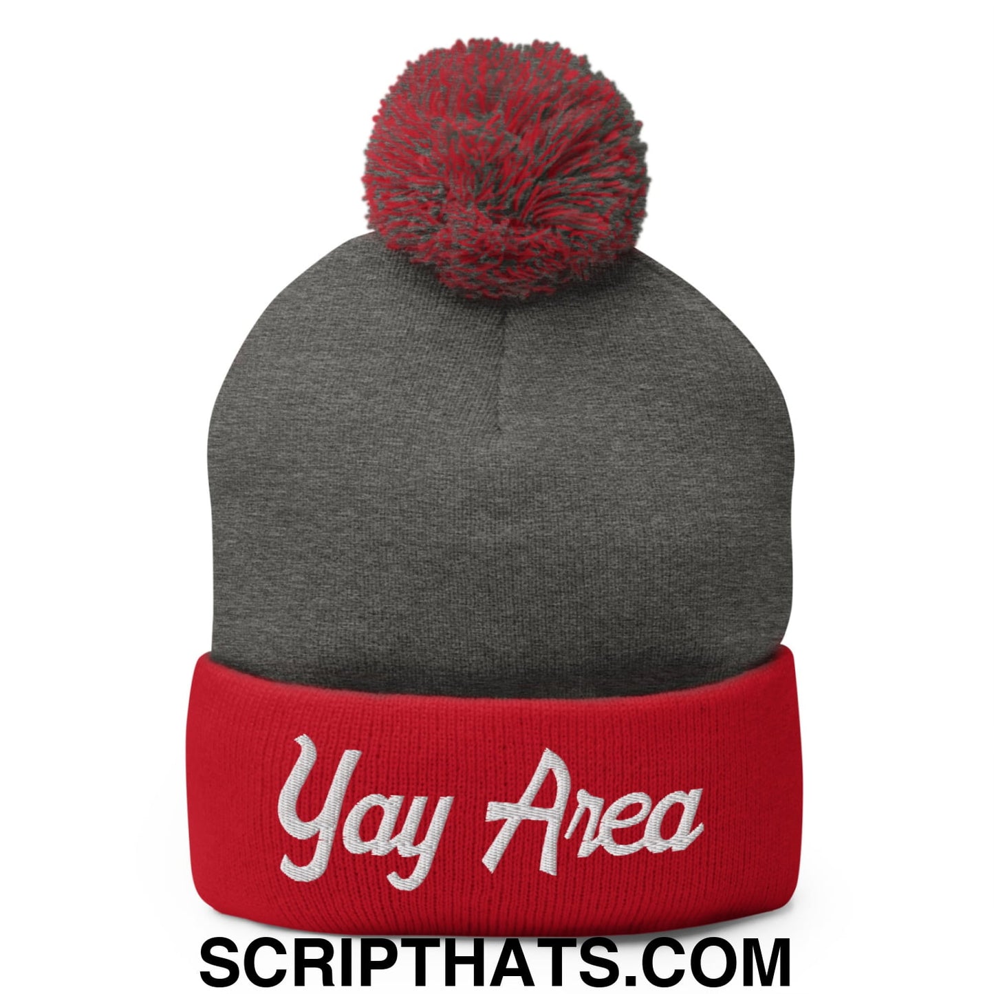 Yay Area Vintage Sports Script Embroidered Knit Pom Pom Beanie Dark Heather Grey Red