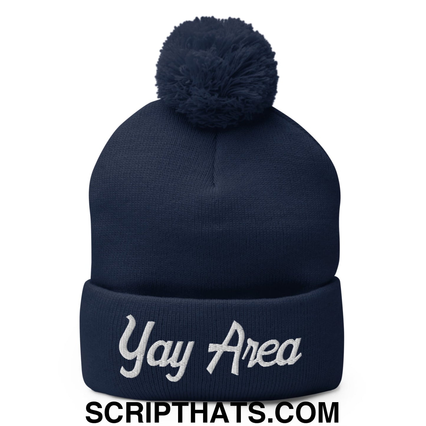 Yay Area Vintage Sports Script Embroidered Knit Pom Pom Beanie Navy