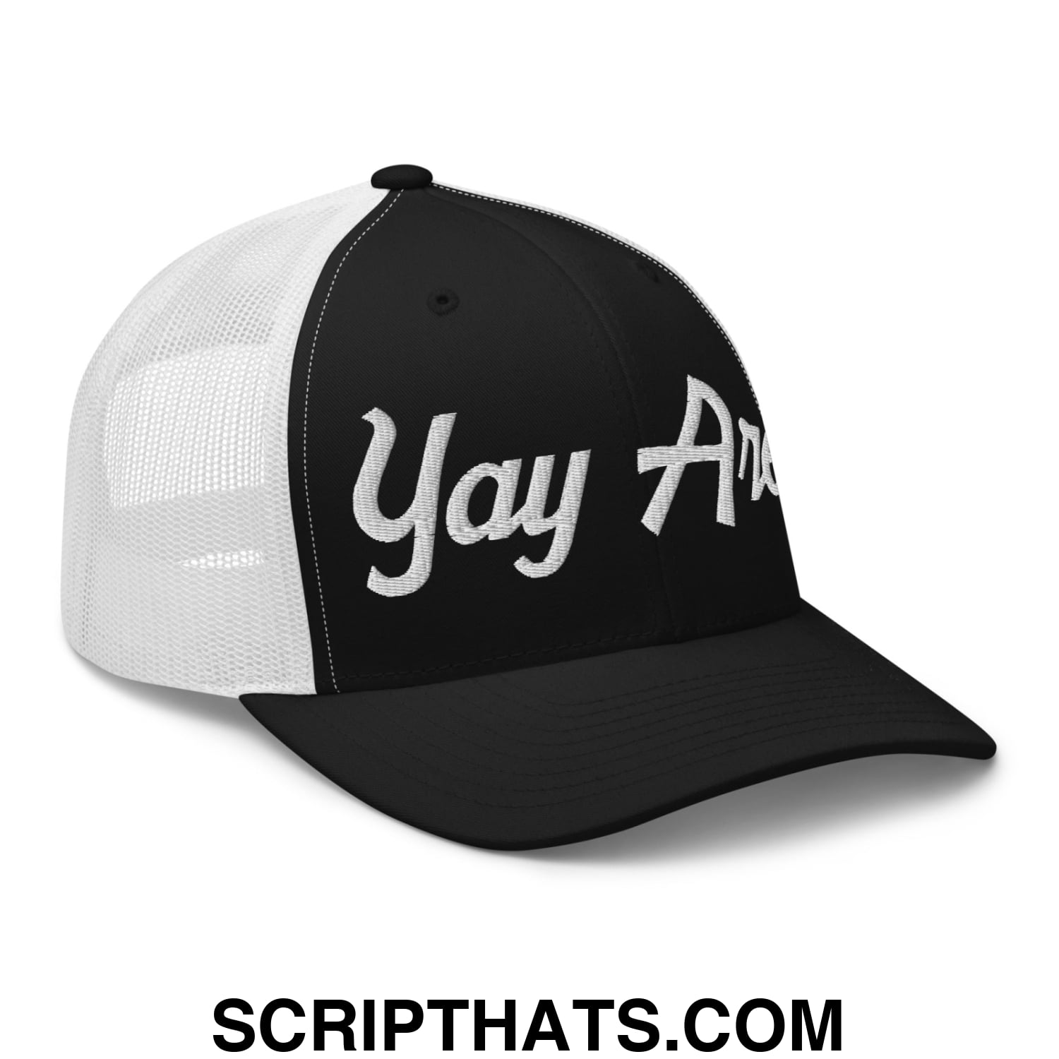 Yay Area Vintage Sports Script Embroidered Mesh Trucker Hat Black White