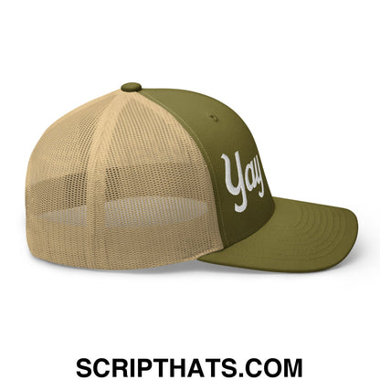 Yay Area Vintage Sports Script Embroidered Mesh Trucker Hat Moss Khaki