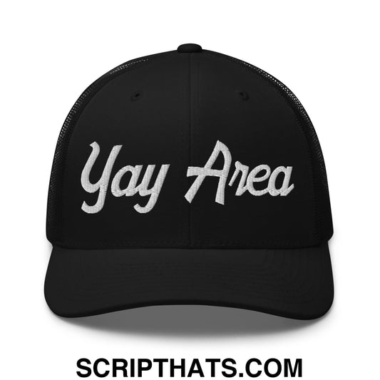 Yay Area Vintage Sports Script Embroidered Mesh Trucker Hat Black