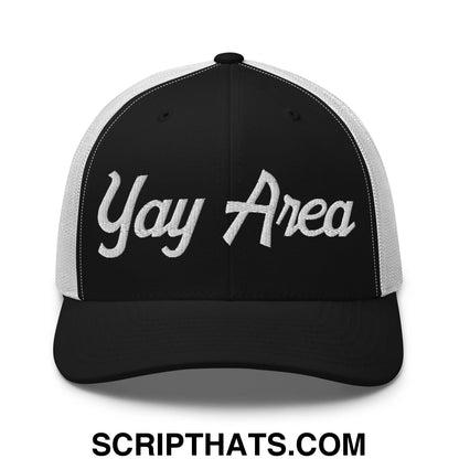 Yay Area Vintage Sports Script Embroidered Mesh Trucker Hat Black White