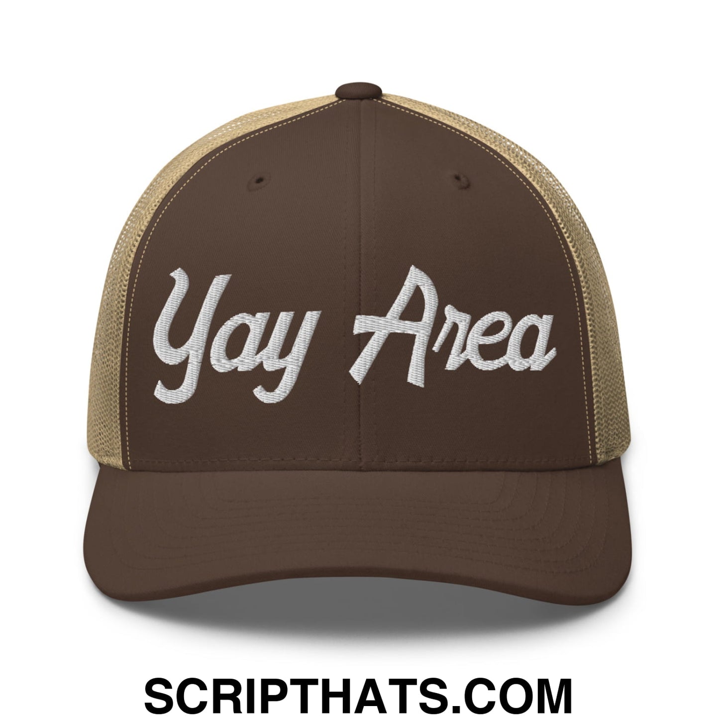 Yay Area Vintage Sports Script Embroidered Mesh Trucker Hat Brown Khaki