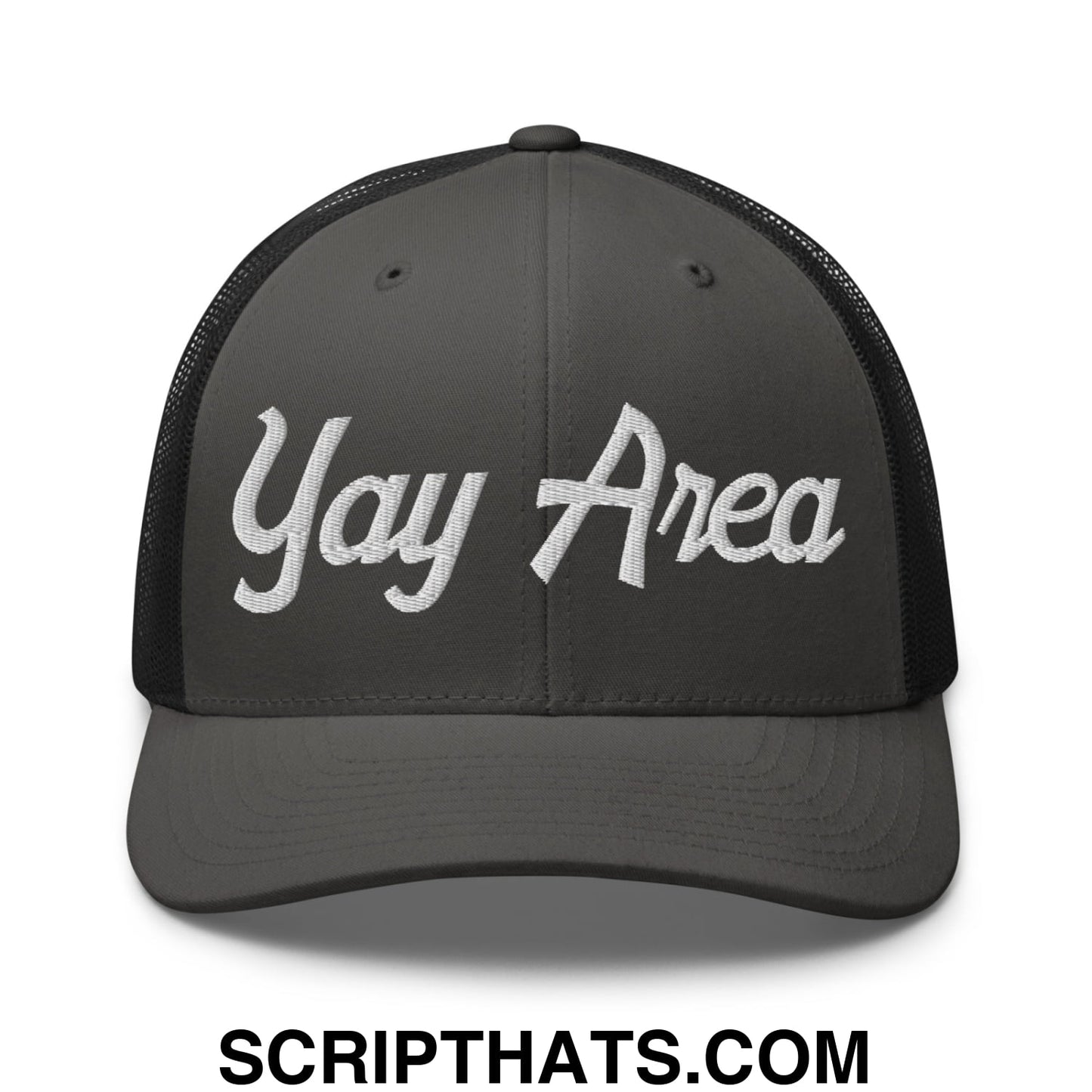 Yay Area Vintage Sports Script Embroidered Mesh Trucker Hat Charcoal Black