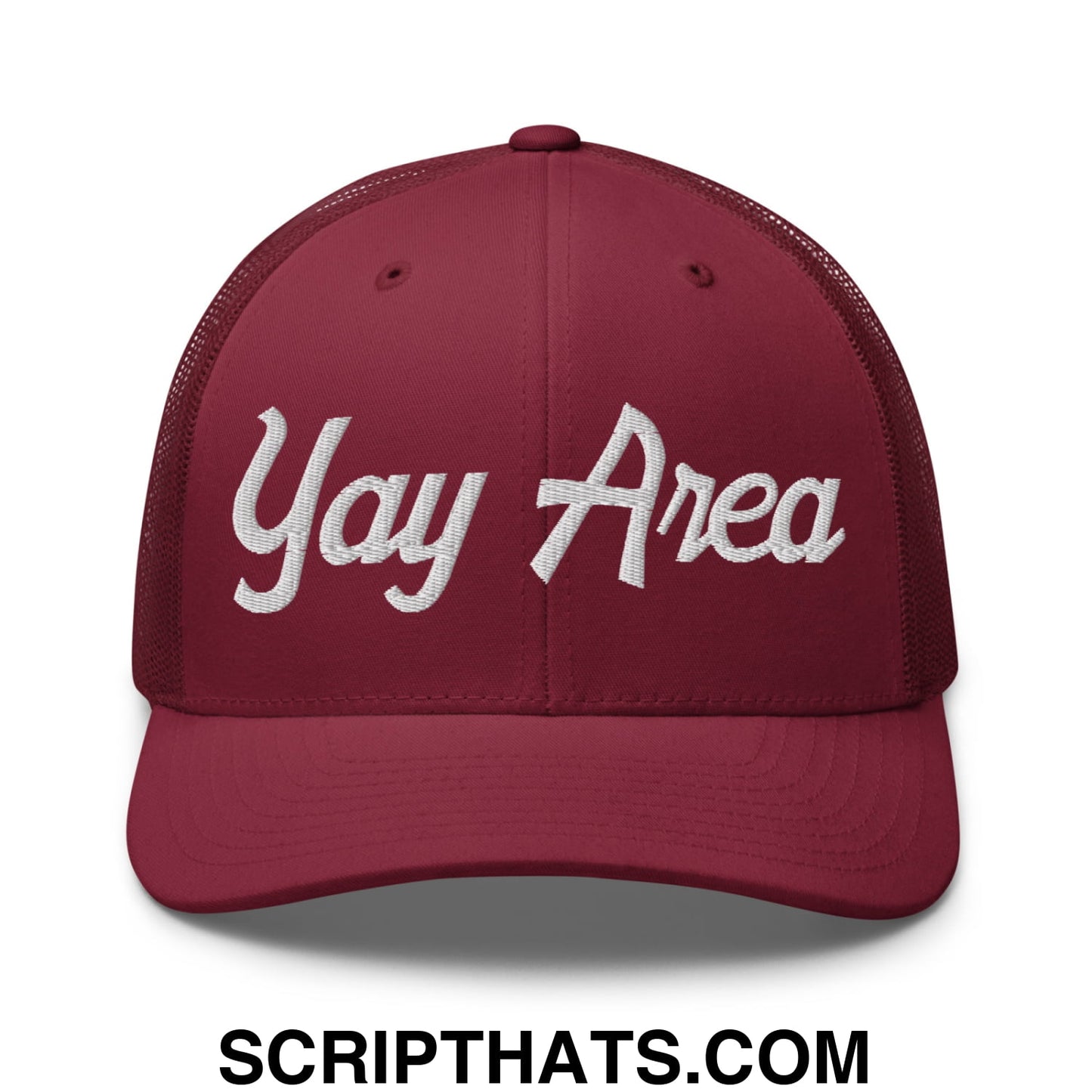 Yay Area Vintage Sports Script Embroidered Mesh Trucker Hat Cranberry