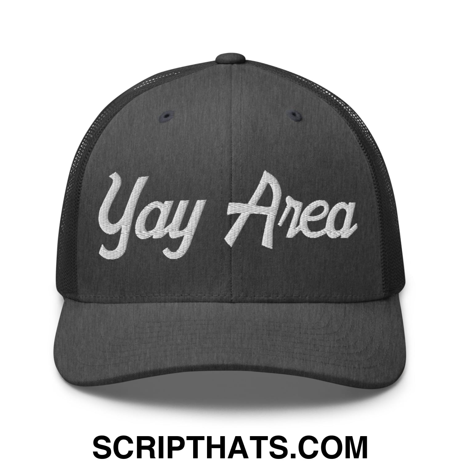 Yay Area Vintage Sports Script Embroidered Mesh Trucker Hat Dark Heather Gray