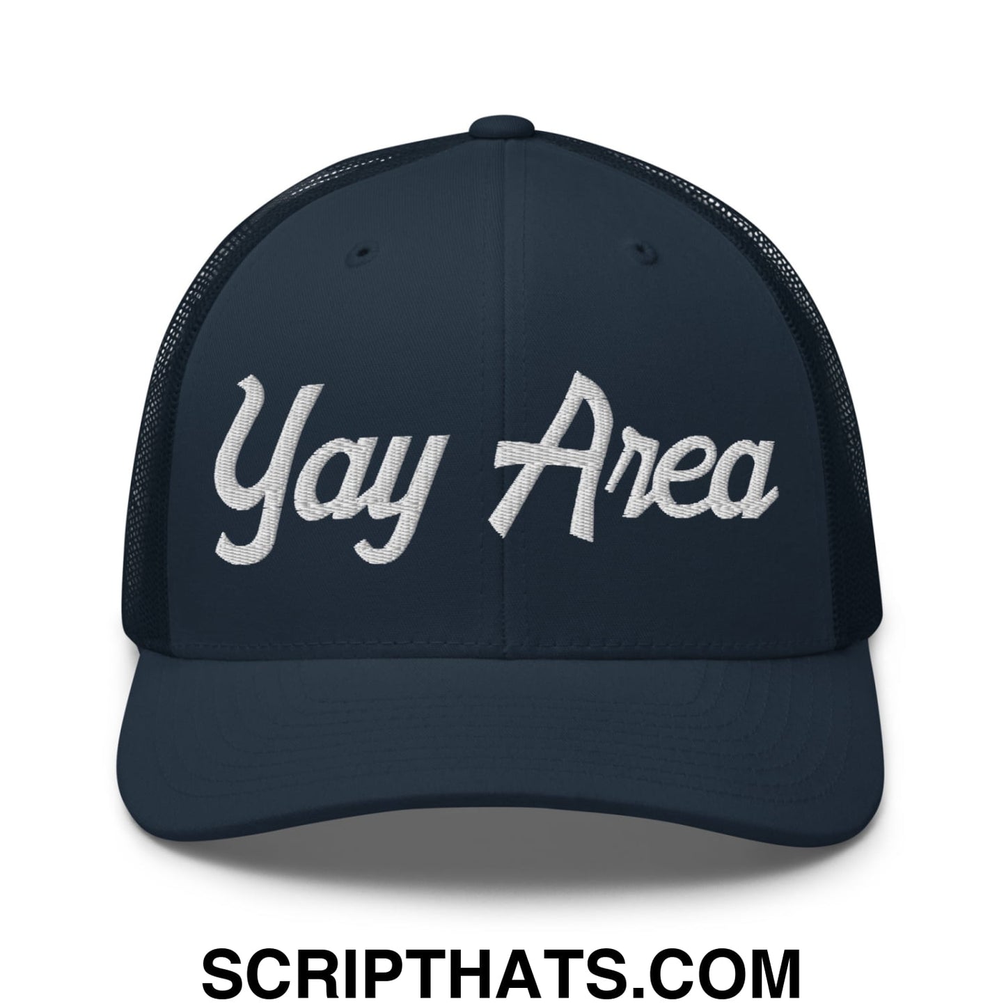 Yay Area Vintage Sports Script Embroidered Mesh Trucker Hat Navy