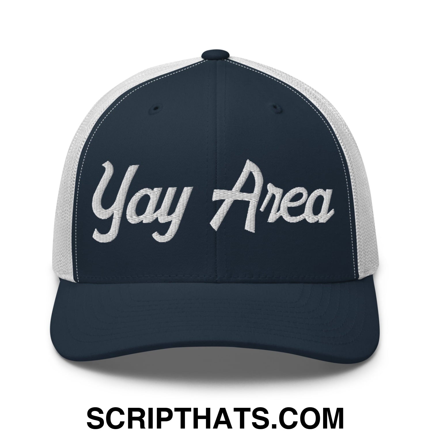Yay Area Vintage Sports Script Embroidered Mesh Trucker Hat Navy White