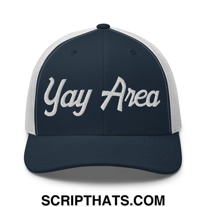 Yay Area Vintage Sports Script Embroidered Mesh Trucker Hat Navy White