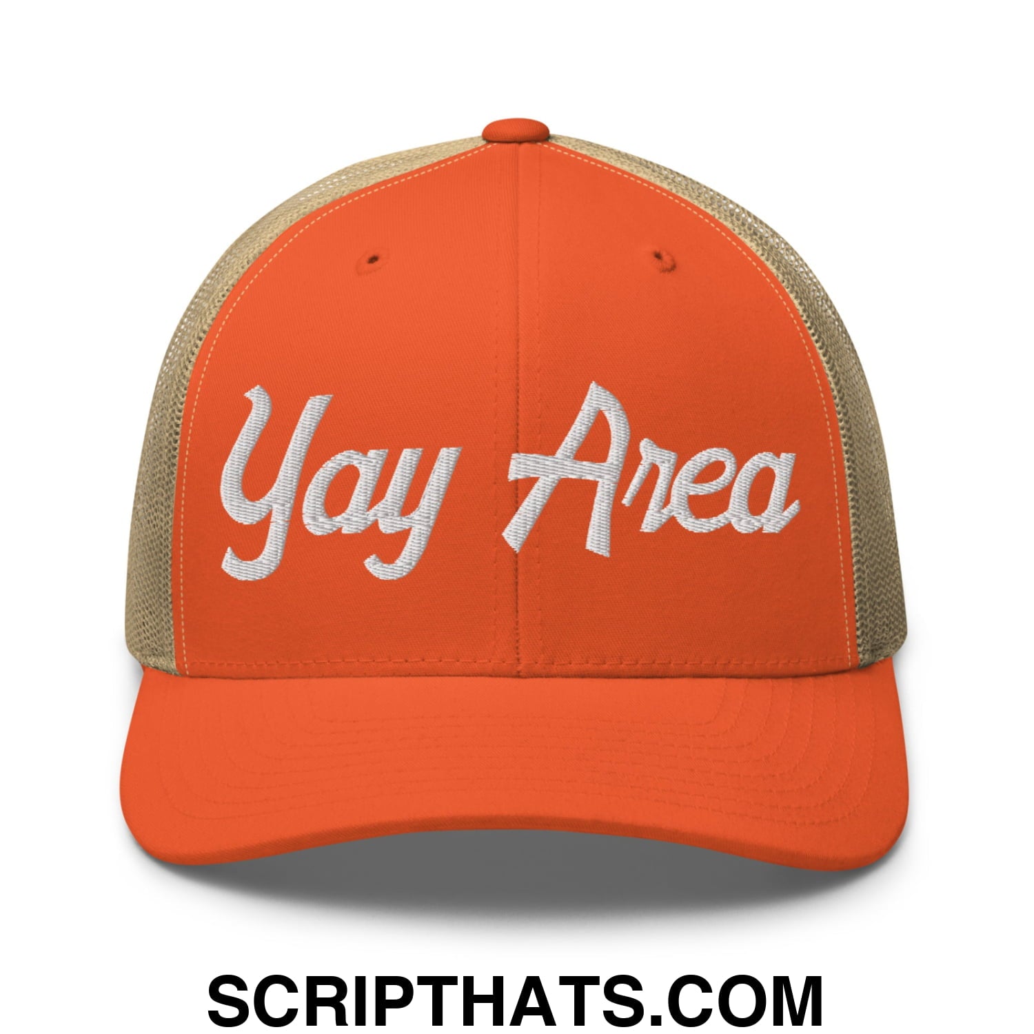 Yay Area Vintage Sports Script Embroidered Mesh Trucker Hat Rustic Orange Khaki