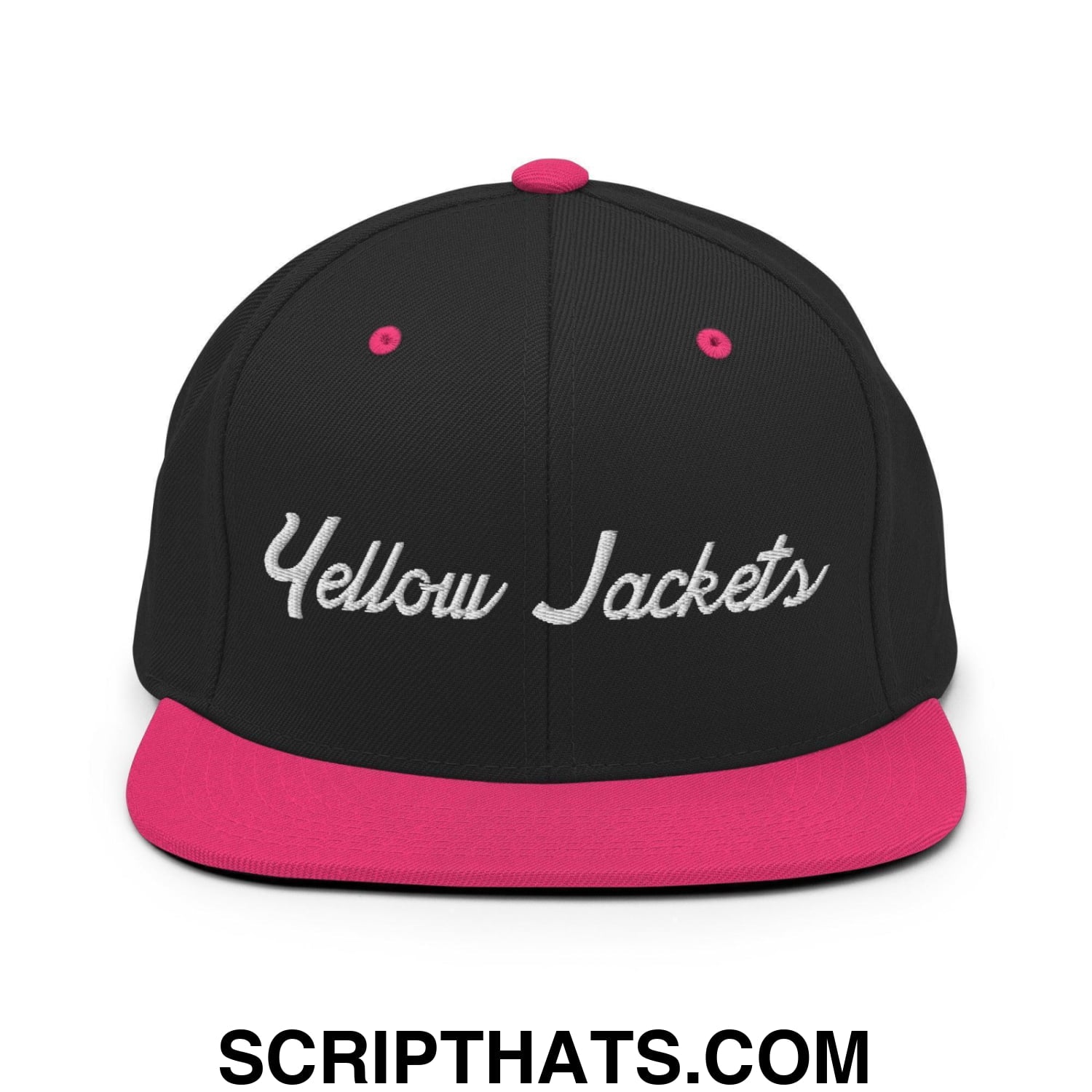 Yellow Jackets School Mascot Script Snapback Hat Black Neon Pink