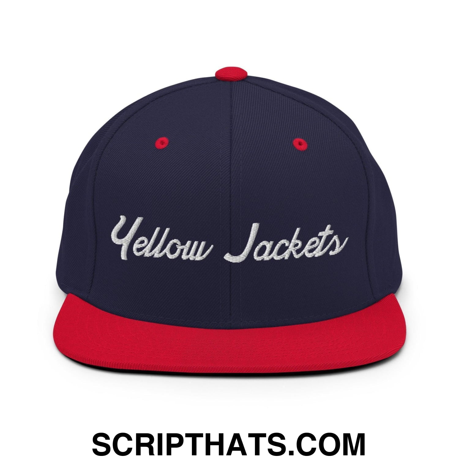 Yellow Jackets School Mascot Script Snapback Hat Navy Red