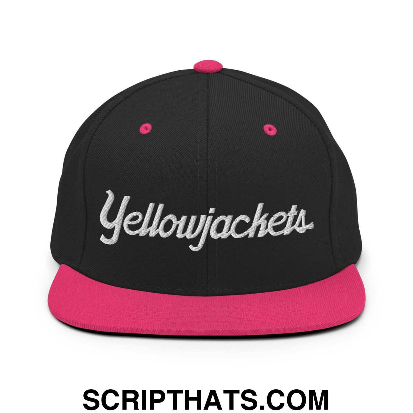 Yellowjackets School Mascot Script Snapback Hat Black Neon Pink
