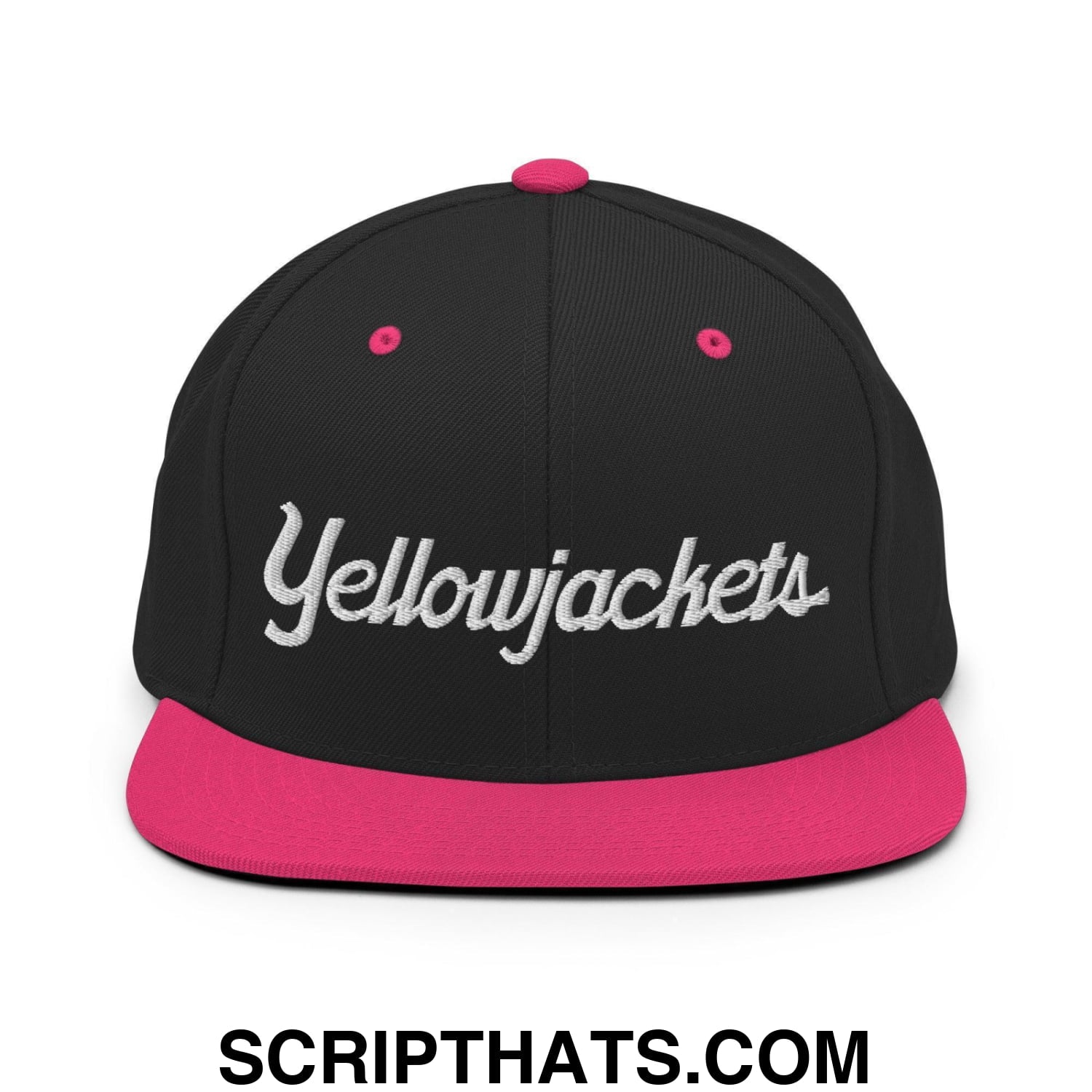 Yellowjackets School Mascot Script Snapback Hat Black Neon Pink