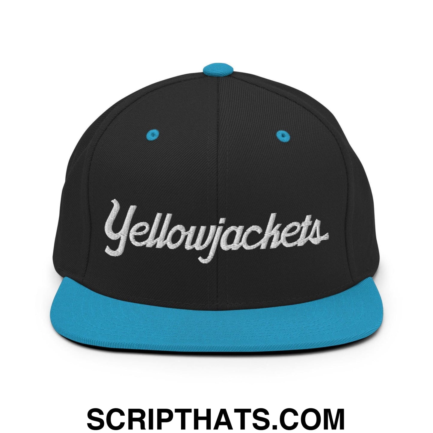 Yellowjackets School Mascot Script Snapback Hat Black Teal