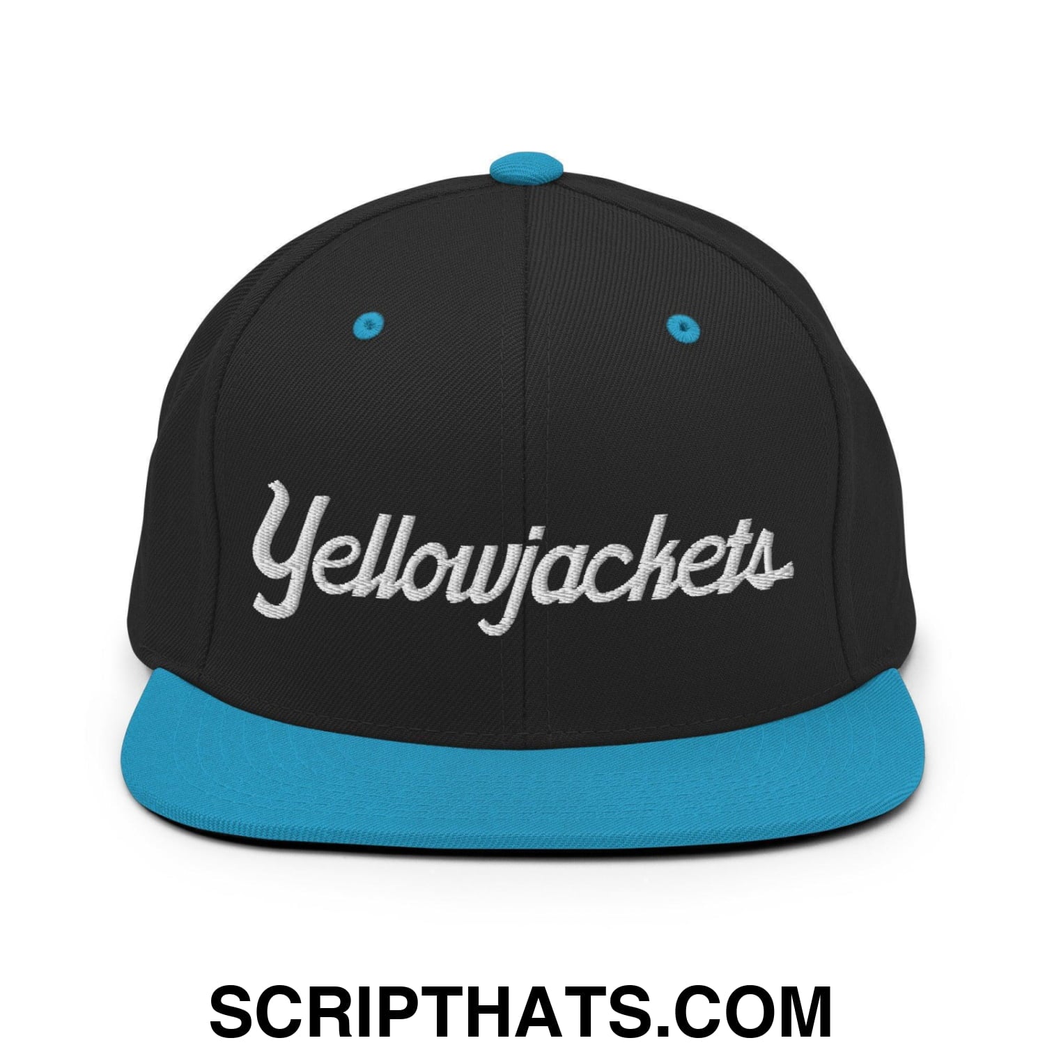 Yellowjackets School Mascot Script Snapback Hat Black Teal
