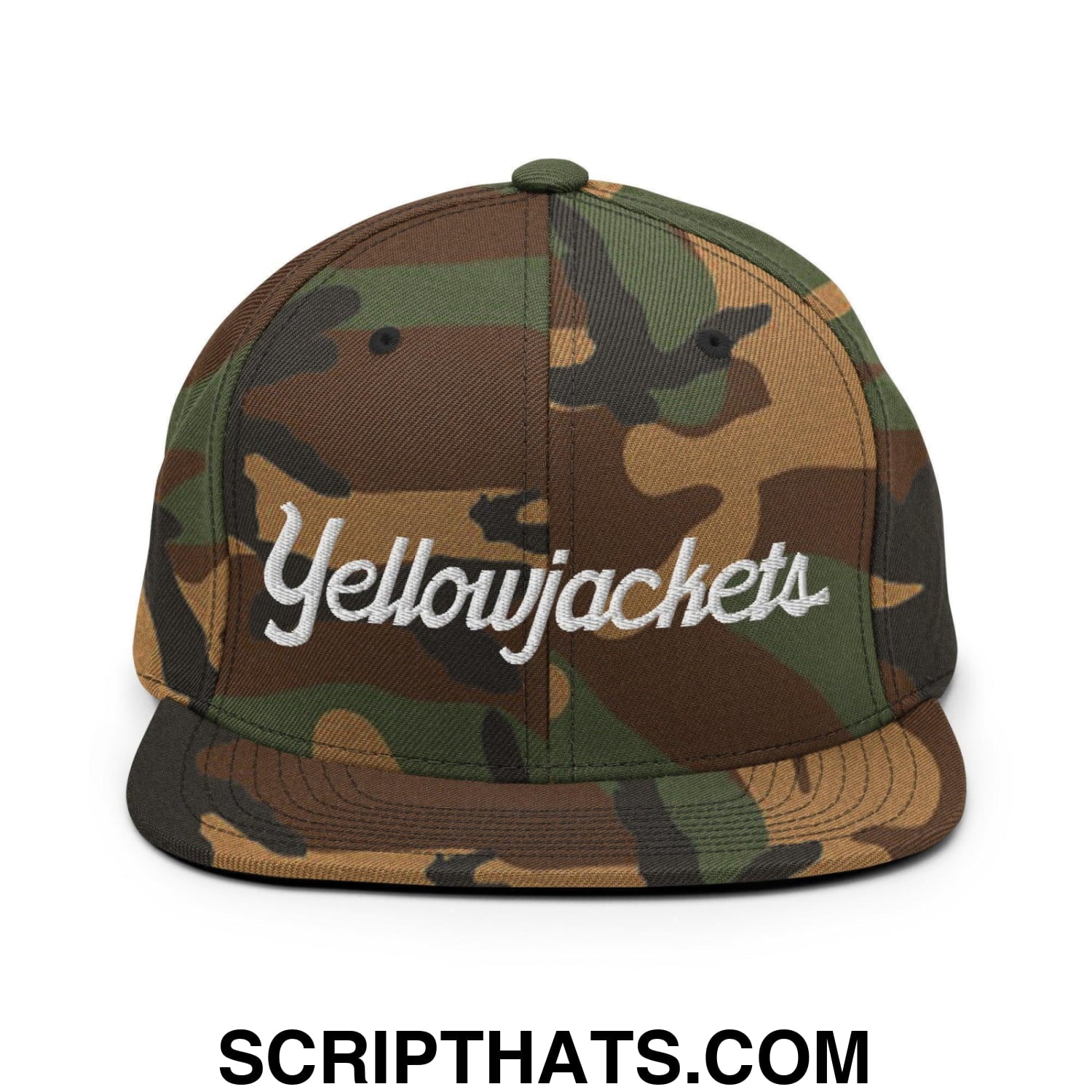Yellowjackets School Mascot Script Snapback Hat Green Camo