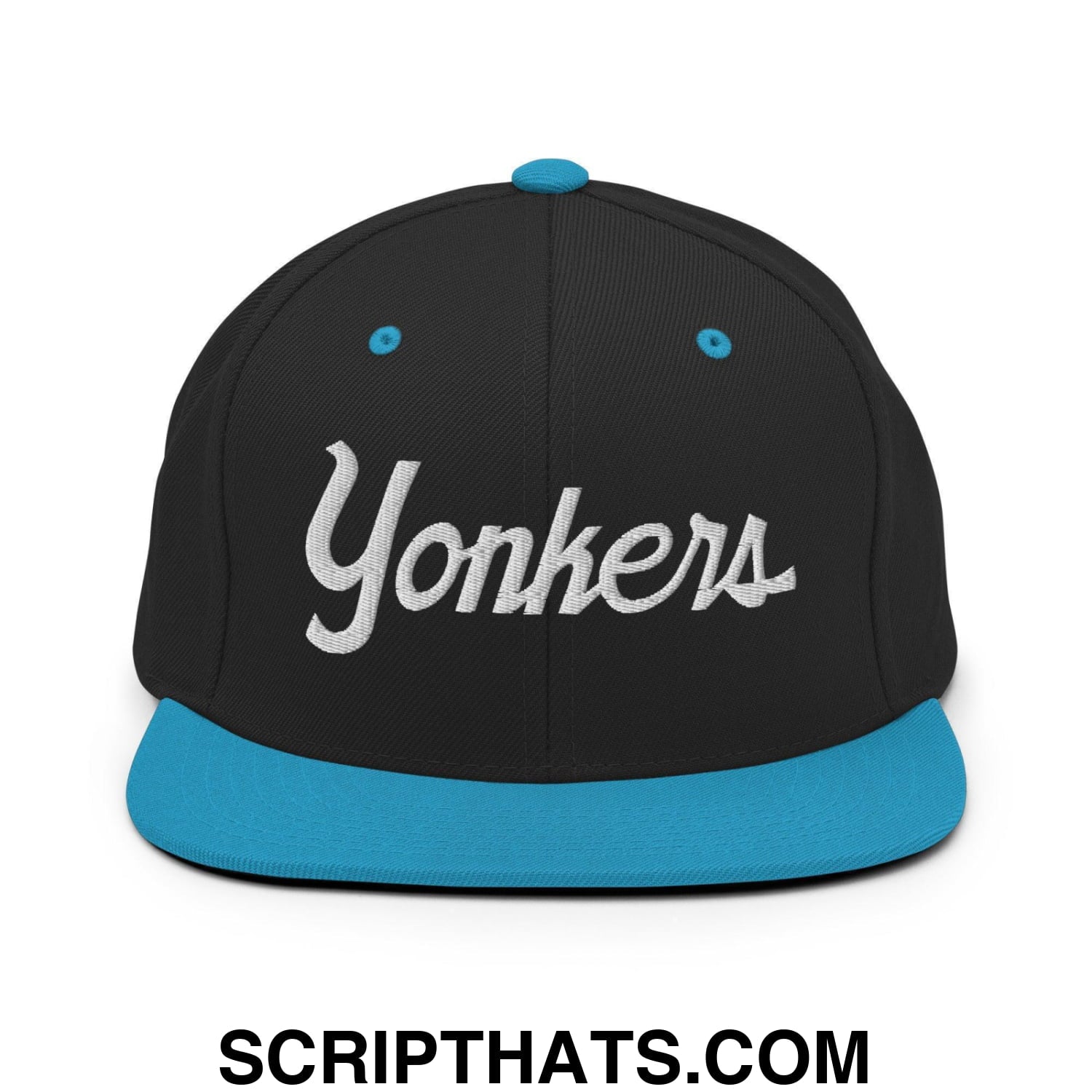 Yonkers Script Snapback Hat Black Teal