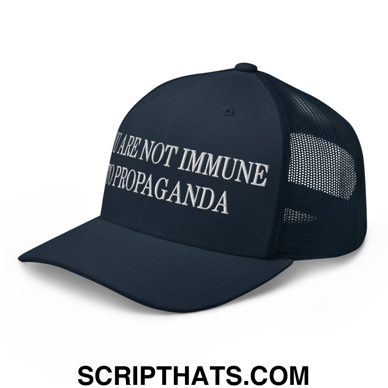 You Are Not Immune To Propaganda Embroidered Mesh Trucker Hat Navy