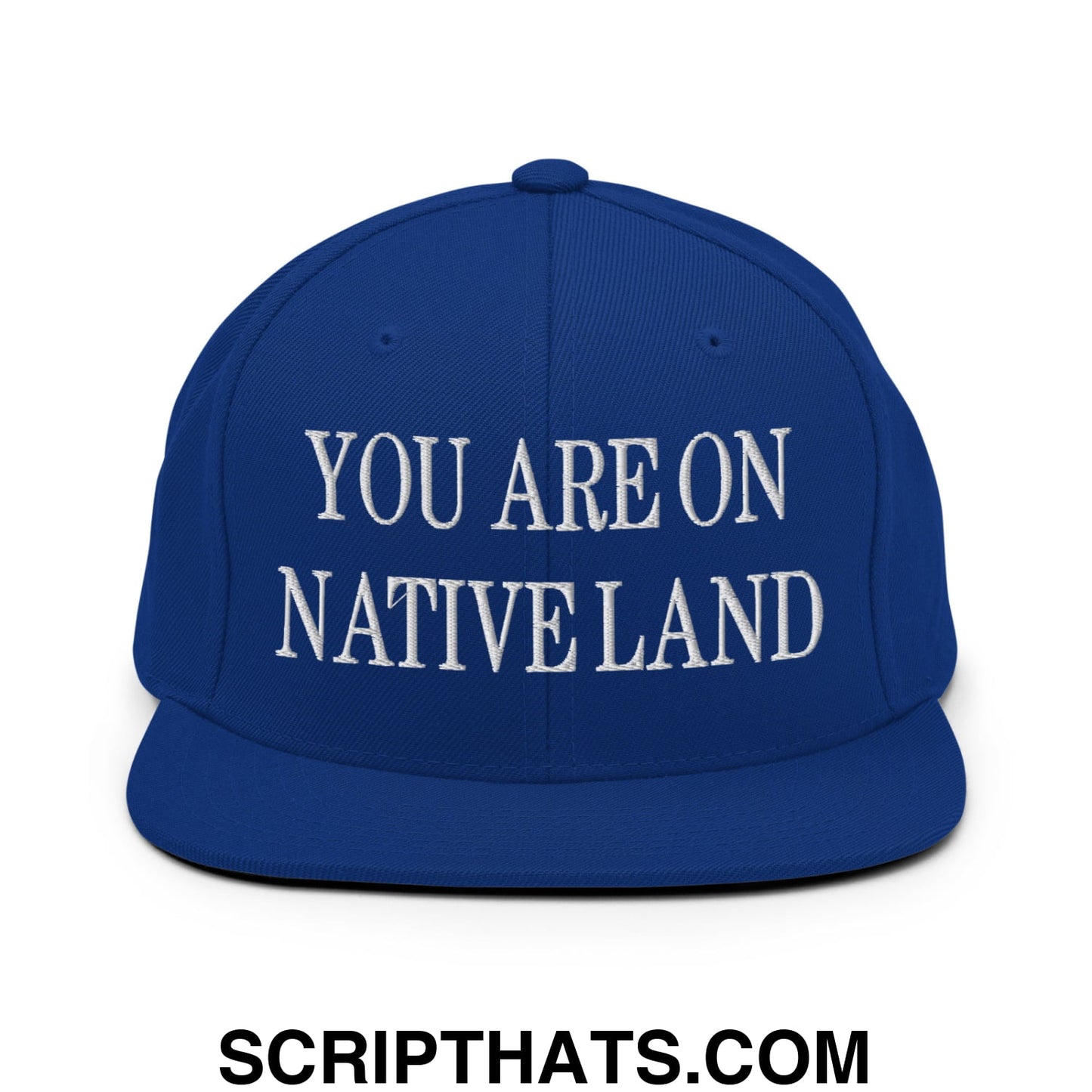 You Are On Native Land Embroidered Flat Bill Brim Snapback Hat Royal Blue