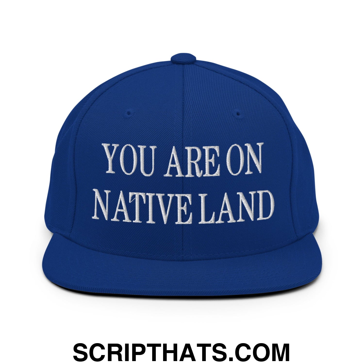 You Are On Native Land Embroidered Flat Bill Brim Snapback Hat Royal Blue