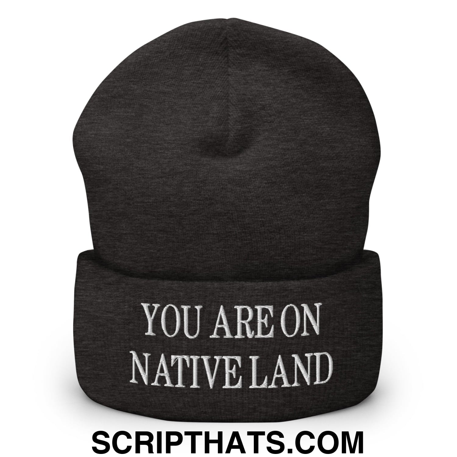 You Are On Native Land Embroidered Knit Cuffed Beanie Dark Grey