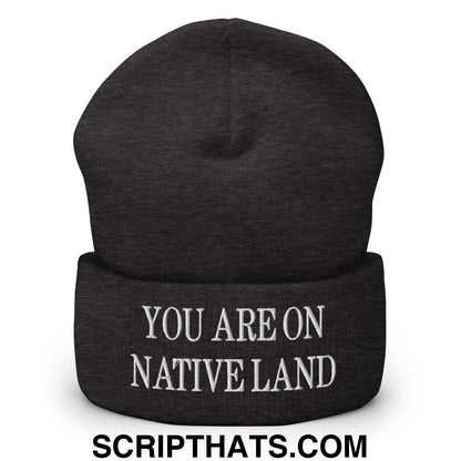 You Are On Native Land Embroidered Knit Cuffed Beanie Dark Grey