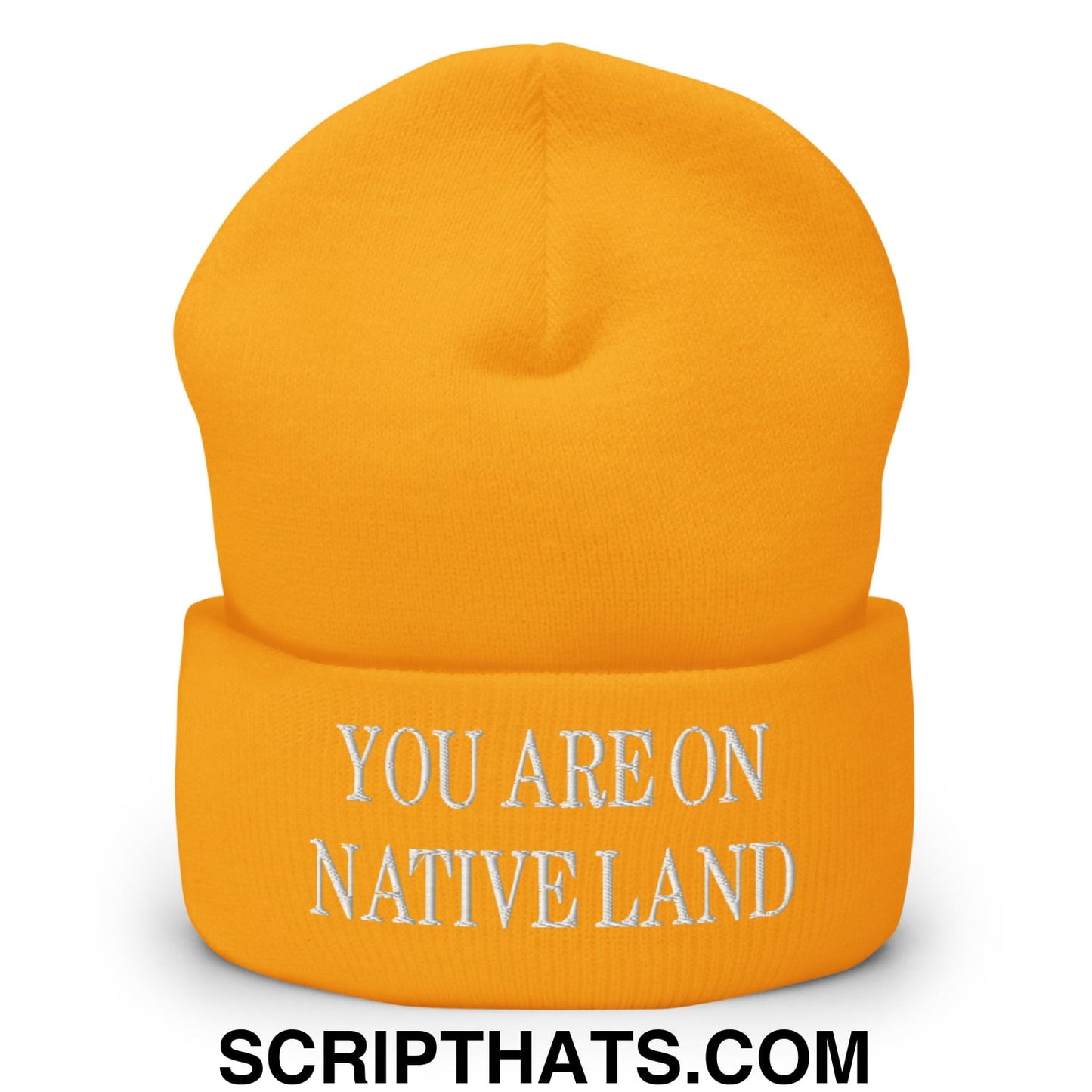 You Are On Native Land Embroidered Knit Cuffed Beanie Gold