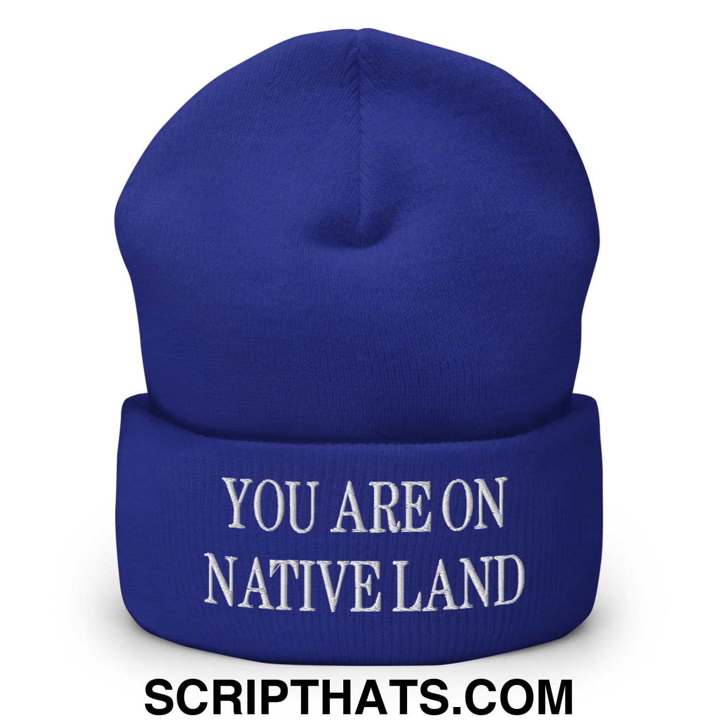 You Are On Native Land Embroidered Knit Cuffed Beanie Royal