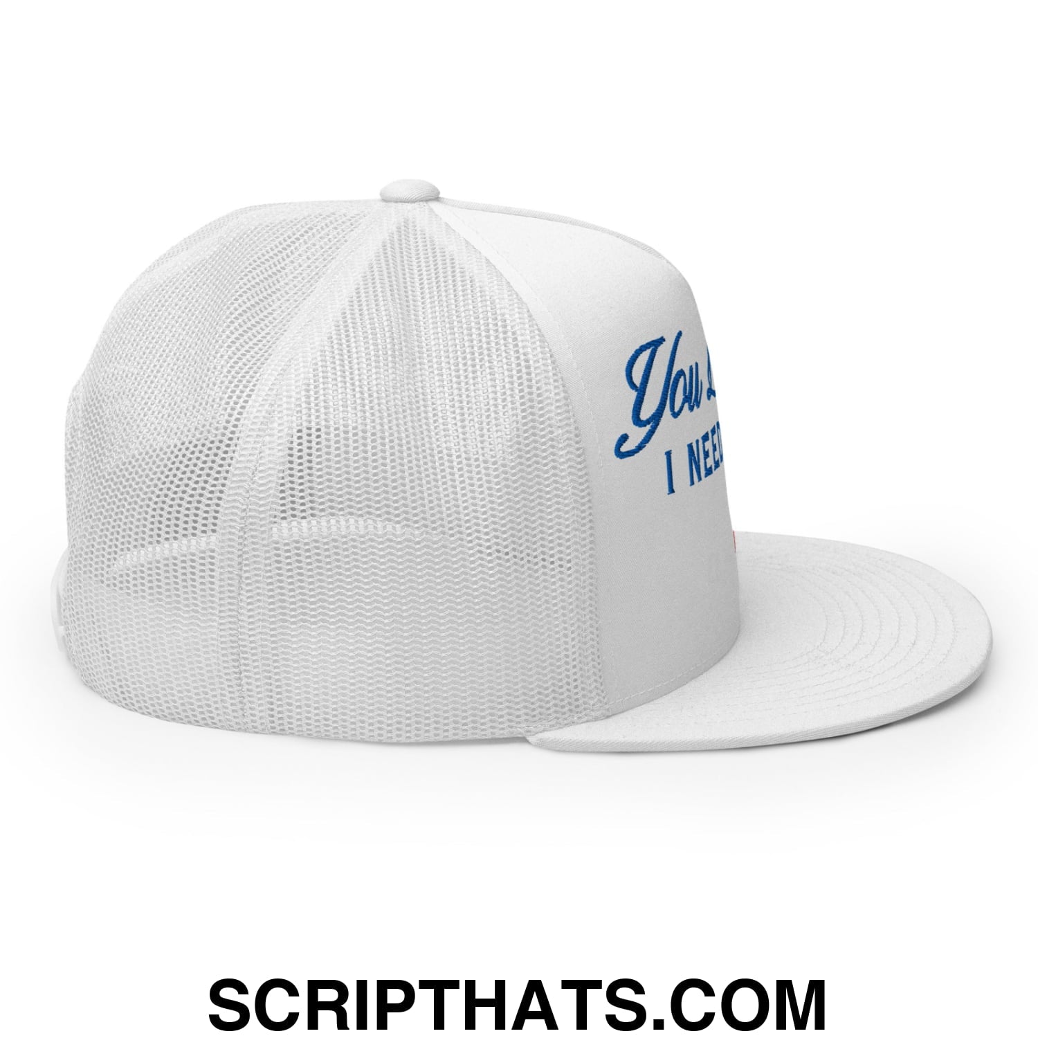 You Look Like I Need a Beer Embroidered Flat Brim Bill Mesh Trucker Hat White