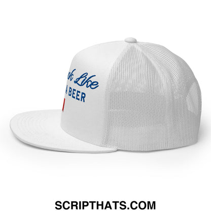 You Look Like I Need a Beer Embroidered Flat Brim Bill Mesh Trucker Hat White