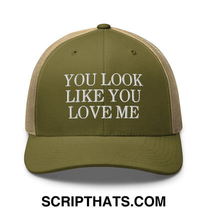 You Look Like You Love Me Embroidered Mesh Trucker Hat Moss Khaki