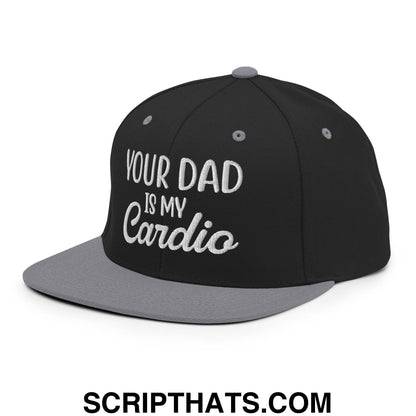 Your Dad is My Cardio Embroidered Flat Bill Brim Snapback Hat Black Silver