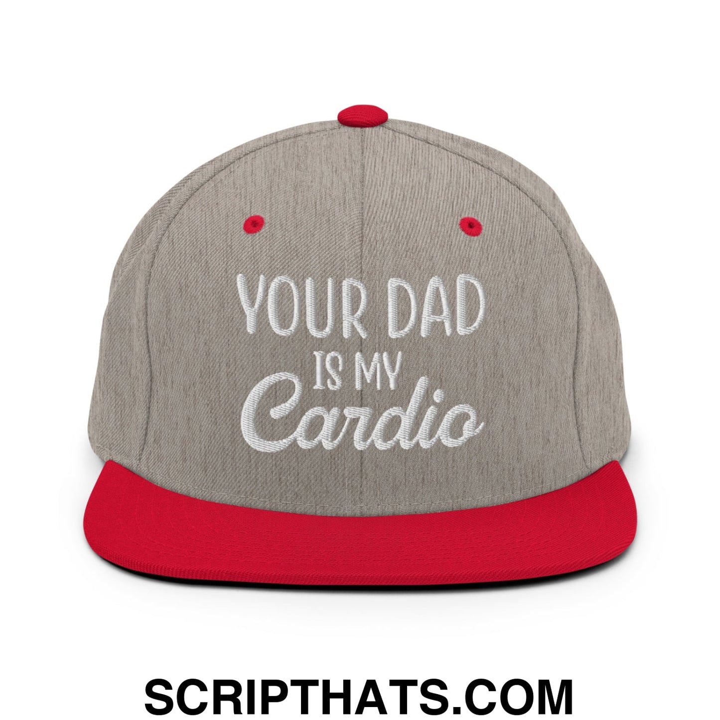 Your Dad is My Cardio Embroidered Flat Bill Brim Snapback Hat Heather Grey Red