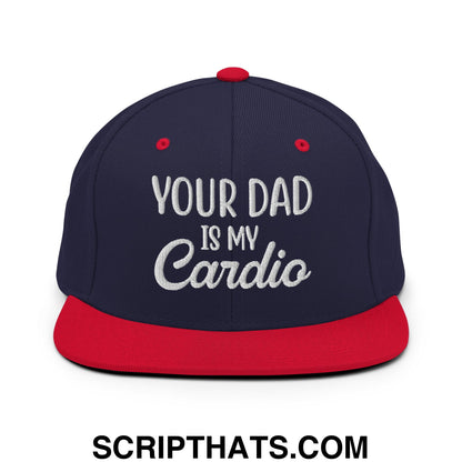 Your Dad is My Cardio Embroidered Flat Bill Brim Snapback Hat Navy Red