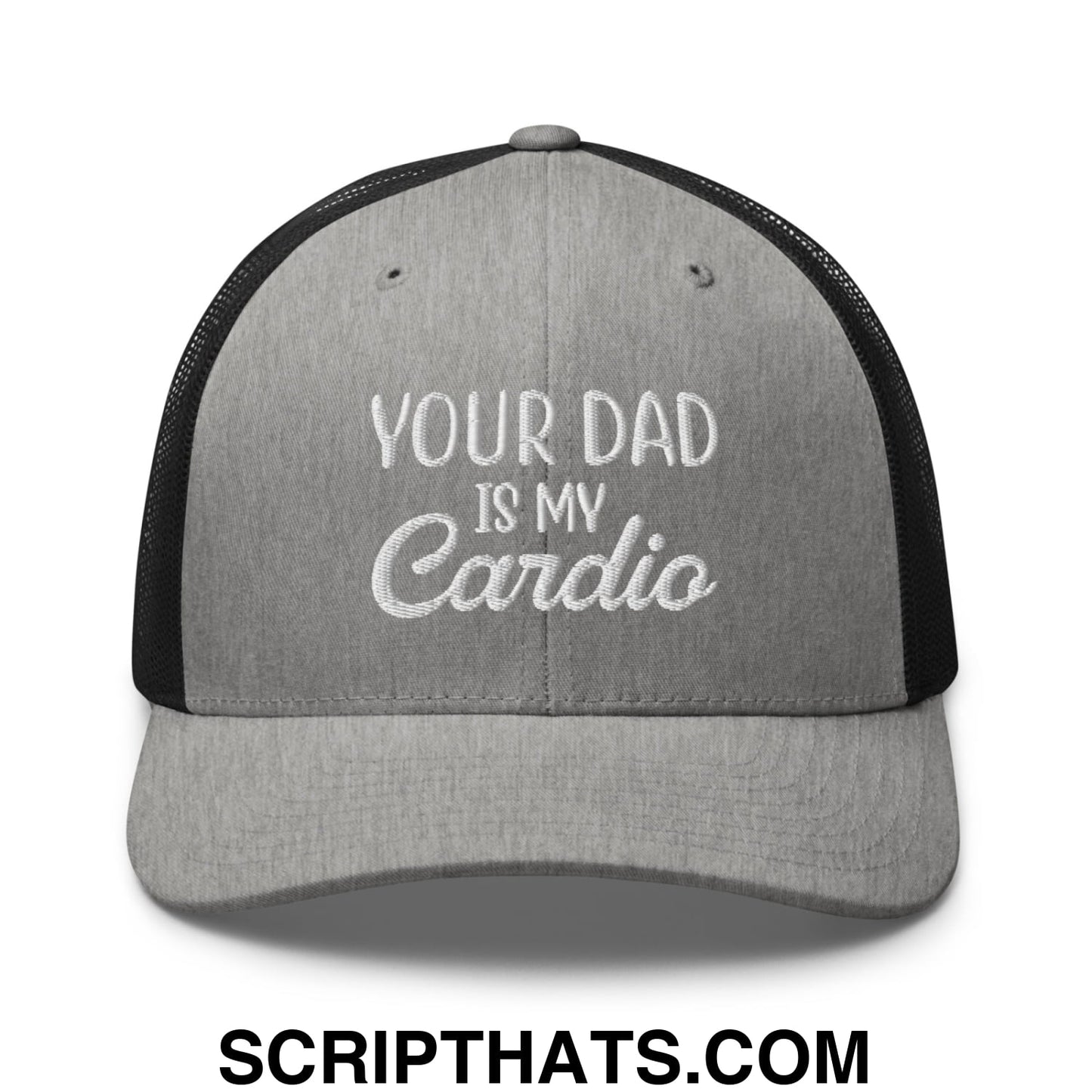 Your Dad is My Cardio Embroidered Mesh Trucker Hat Heather Black
