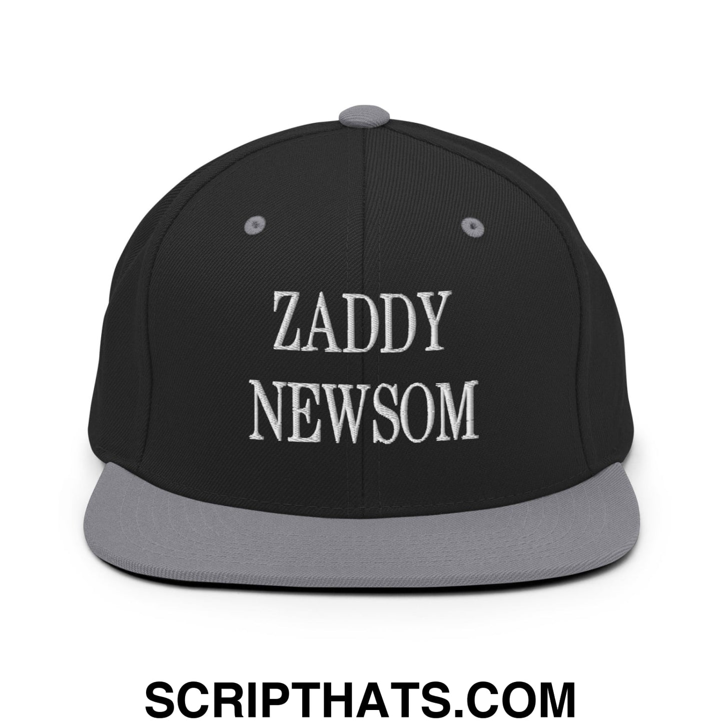 Zaddy Newsom Embroidered Flat Bill Brim Snapback Hat Black Silver