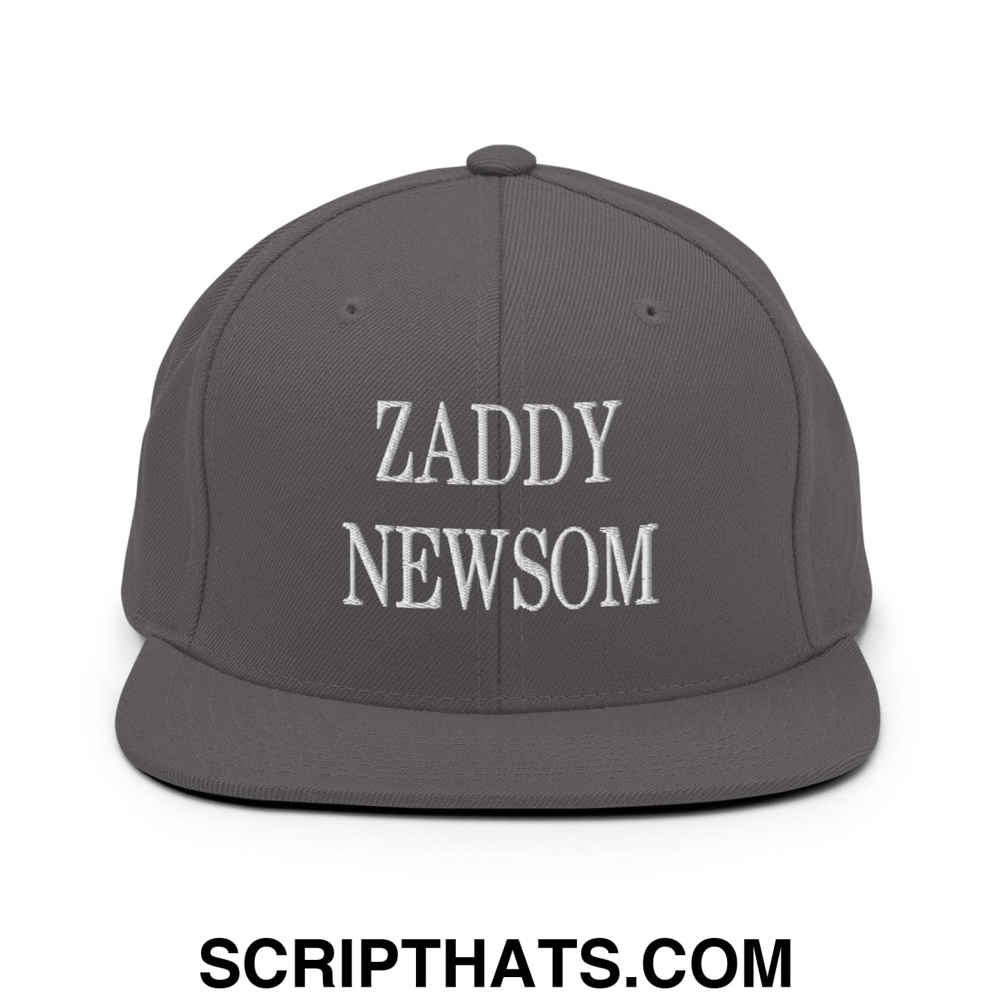 Zaddy Newsom Embroidered Flat Bill Brim Snapback Hat Dark Grey