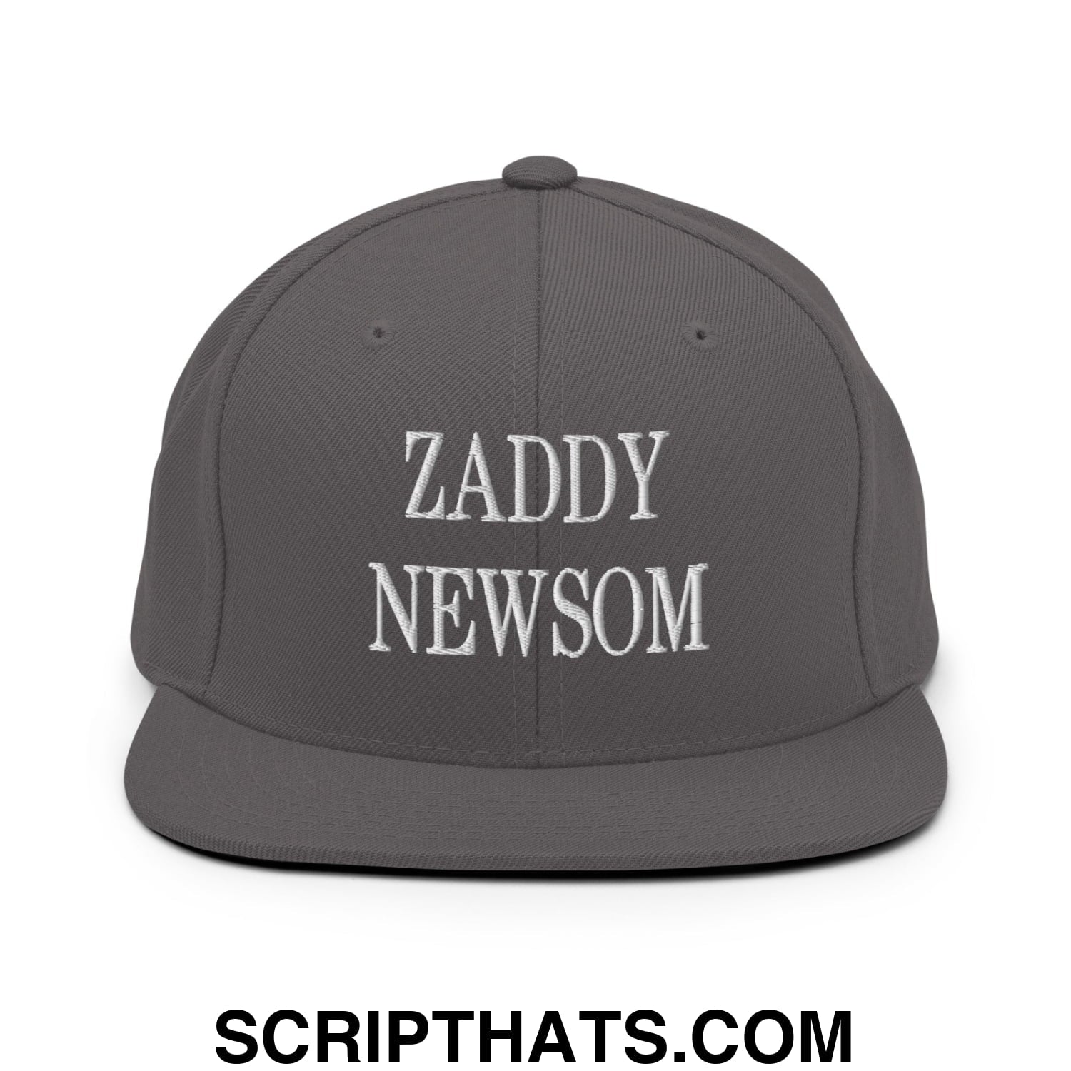 Zaddy Newsom Embroidered Flat Bill Brim Snapback Hat Dark Grey
