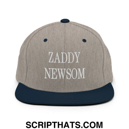 Zaddy Newsom Embroidered Flat Bill Brim Snapback Hat Heather Grey Navy